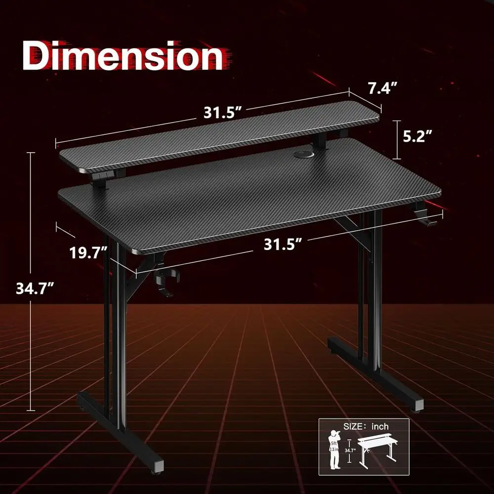 مكتب ألعاب مدمج 32 مضاء بإضاءة LED مع حامل شاشة، تصميم من ألياف الكربون، مثالي لهدايا الألعاب للأطفال والرجال #3