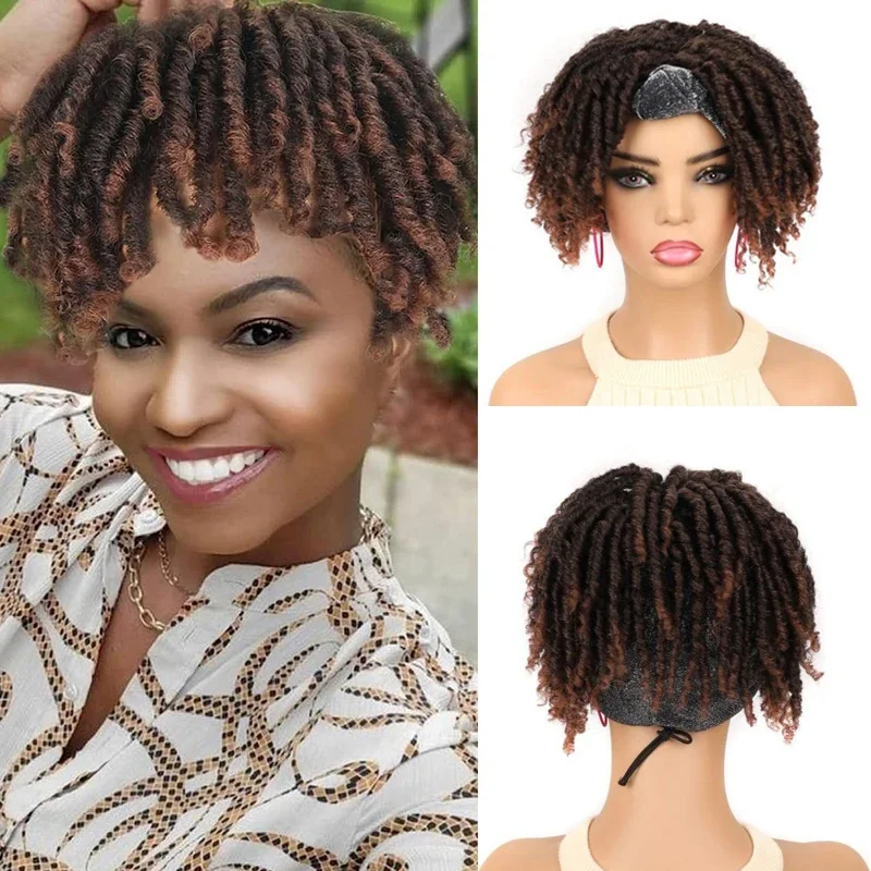 

Ombre Synthetic Nu Locs Braiding Hair Wigs Short Dreadlock Curly Headband Wig For Women Soft Goddess Faux Locs Head band Wigs