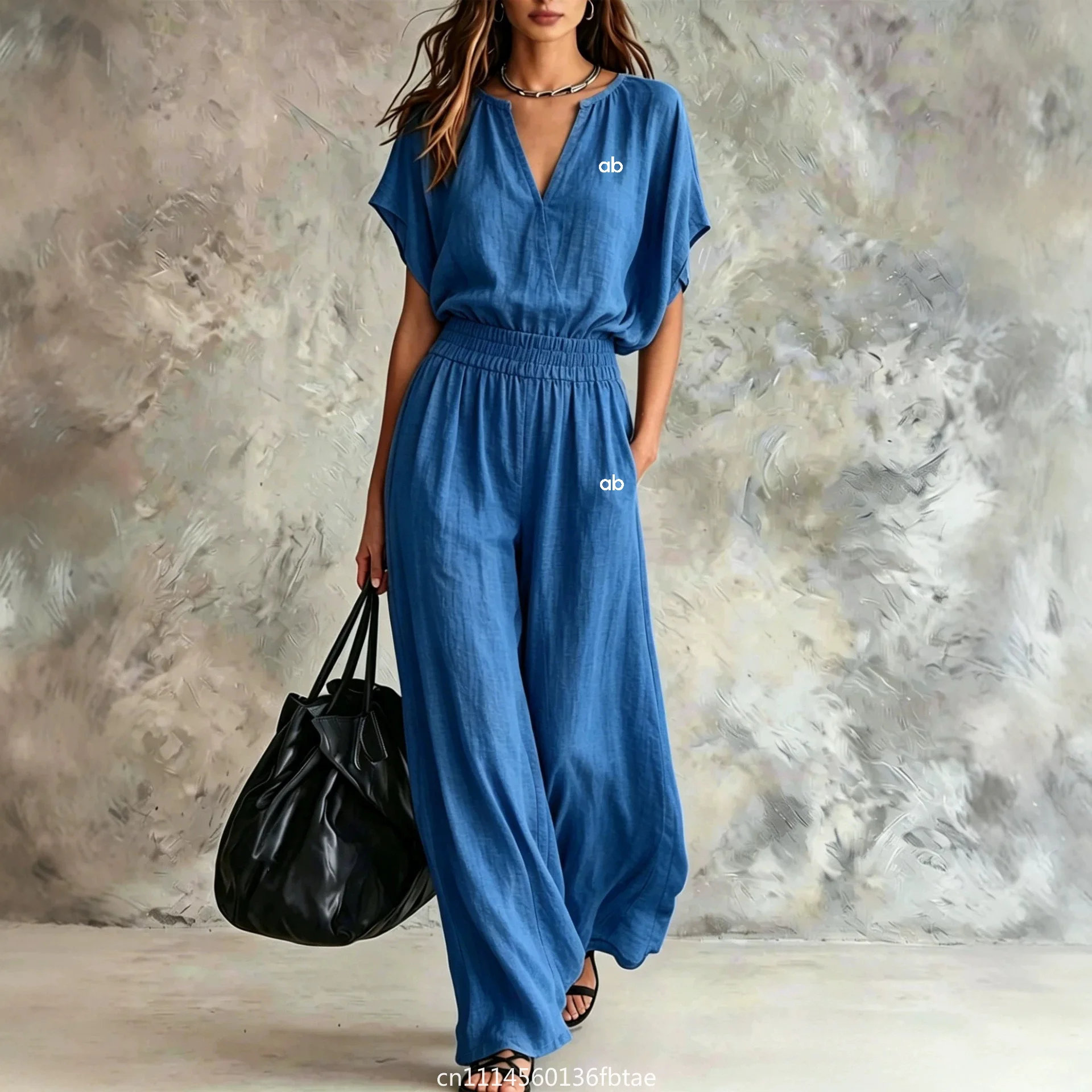 2026 New Women Casual 2 Piece Outfit Summer Loose V Neck Short Sleeve Top Elastic High Waist Wide Leg Pants Set With Pockets