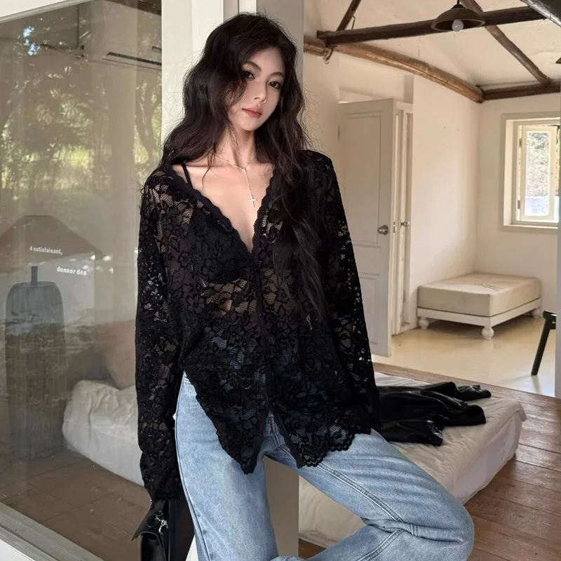 Sunscreen Shirt, Long Sleeved Lace Shirt, Women's Summer Pure Desire, Loose Temperament, Hollowed Out Micro Transparent Top