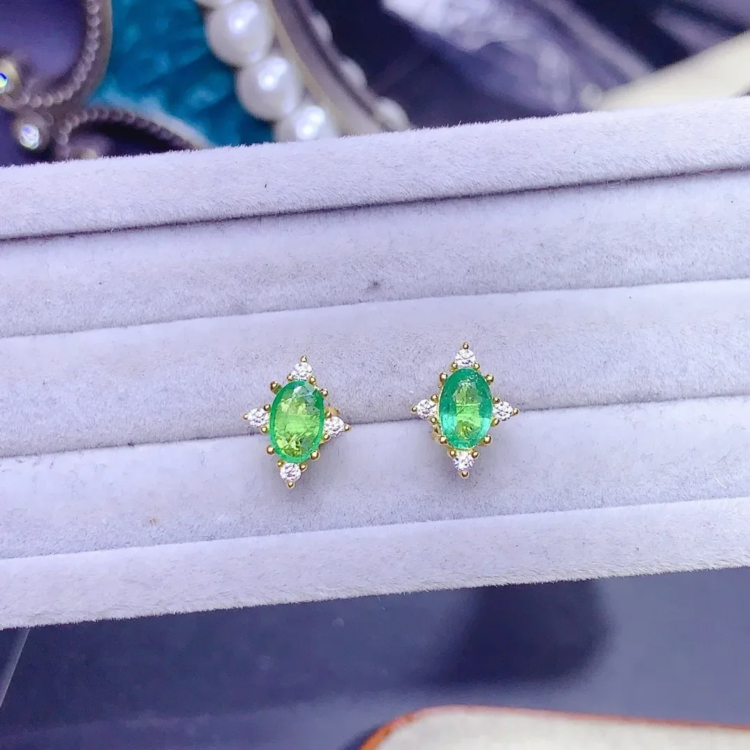 Lustrous Luxury Natural Emerald S925 Sterling Silver Ear Studs Gem for Refined Daily Party Occasions Wear Designed By A Designer