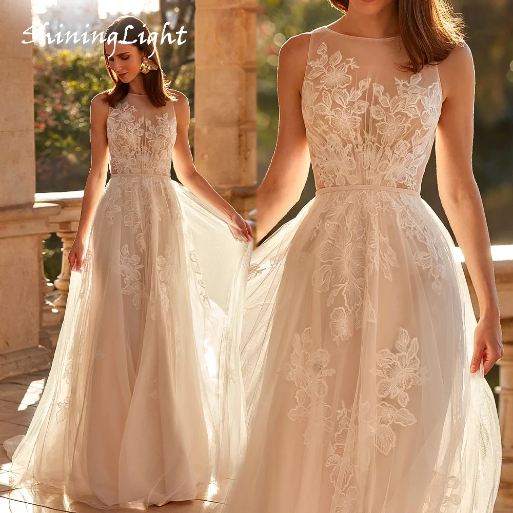 

ShiningLight Lace Applique Wedding Dress Scoop Neck Sleeveless A-Line Tulle Bridal Gown Customized vestido novia boho Customized