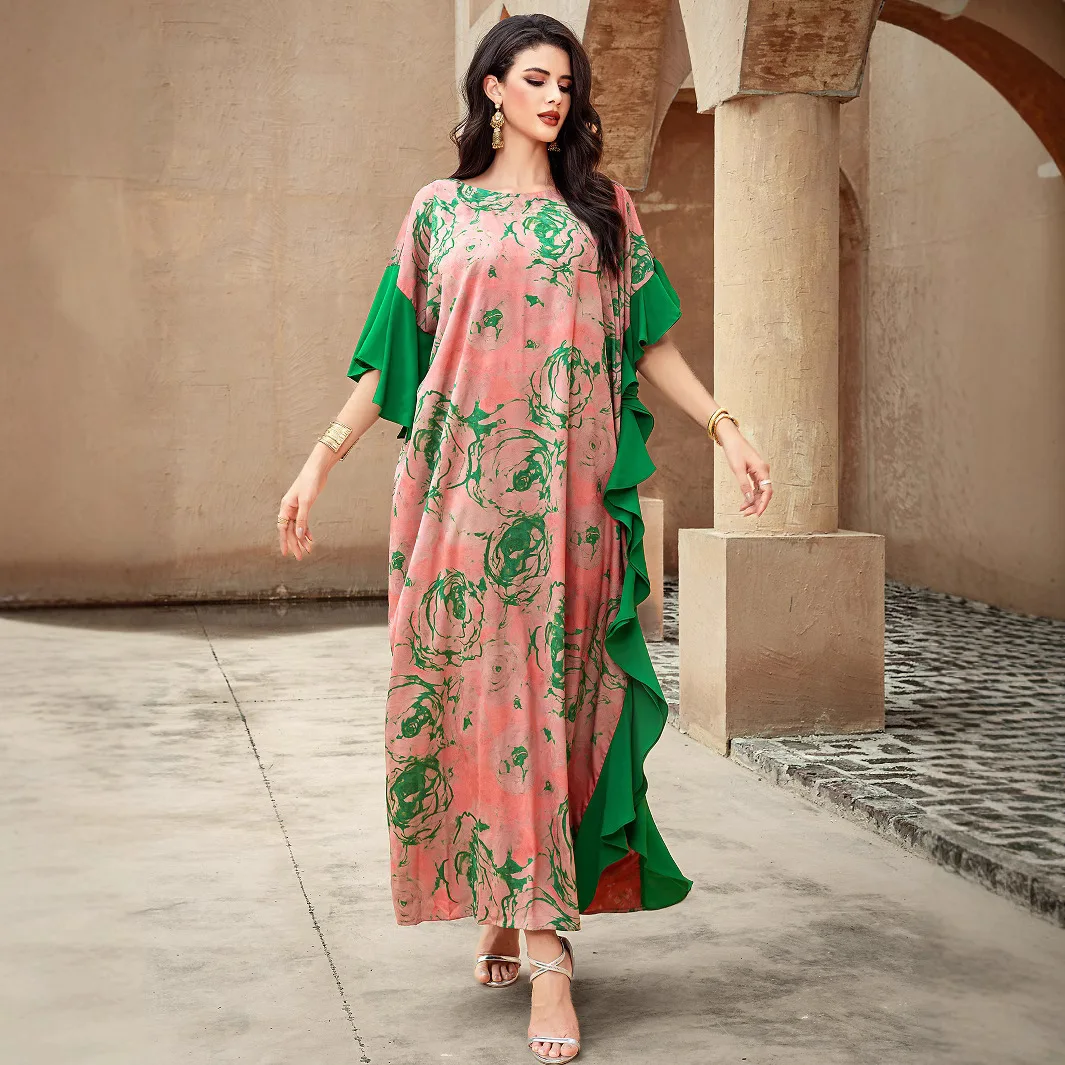 2026 Summer New Fashion Vintage Women's Printed Casual Trendy Elegant Color-coded Loose O-neck Short Sleeve Dresses Female Abaya