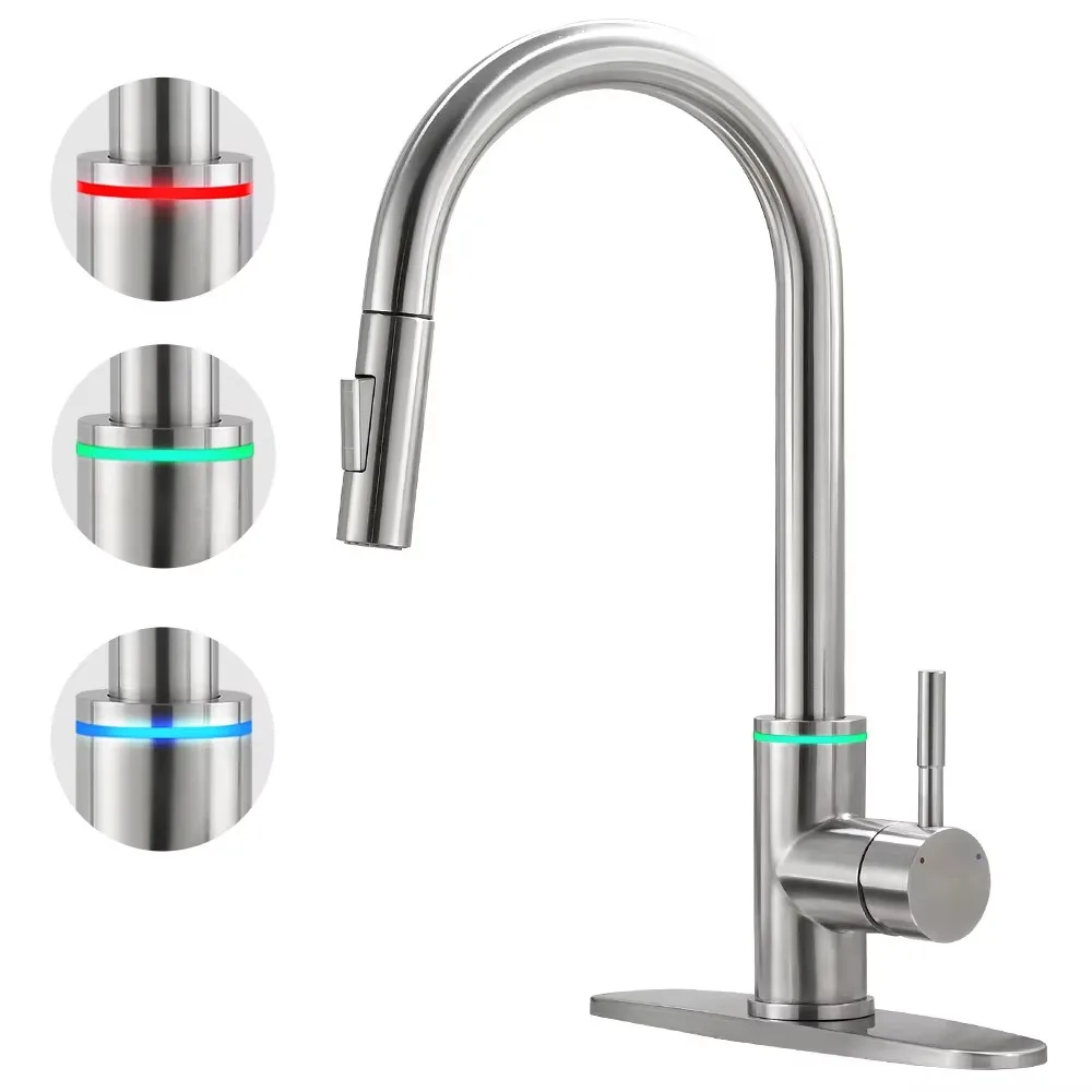 Grifo de cocina de níquel cepillado, boquilla extraíble estilo LED de un solo orificio, cabezal rociador de corriente para fregadero de cocina, grifo mezclador LED negro 866006