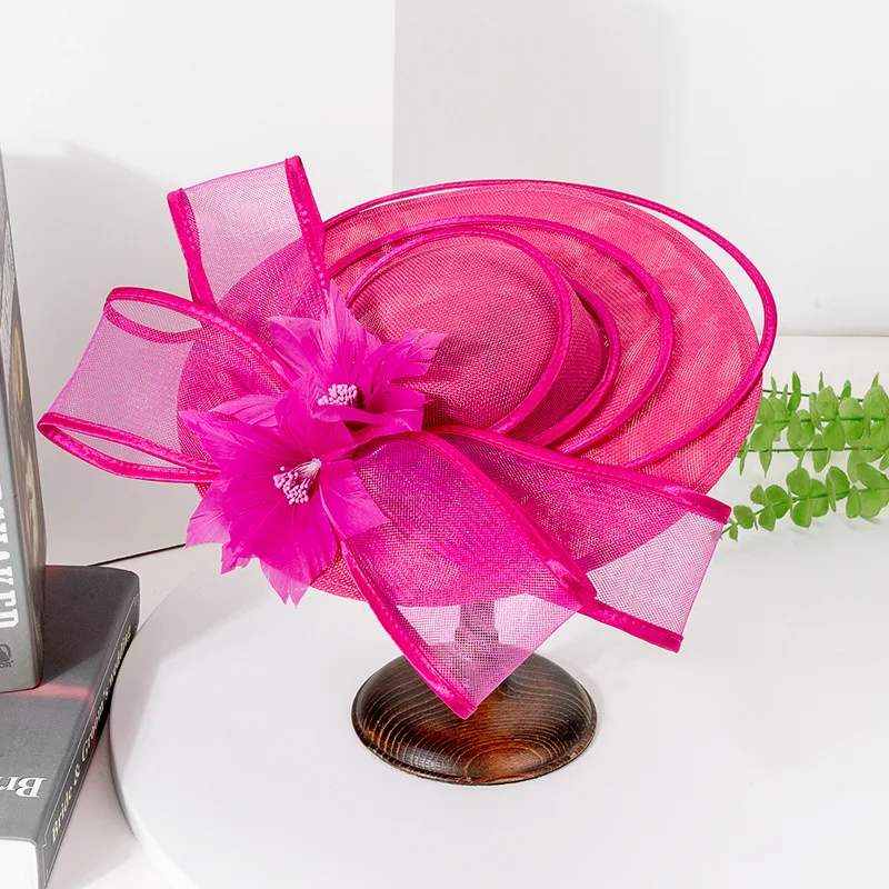 Summer Large Wedding Hat Imitation Sinamay Fascinator Hat Hairbands Ladies Royal Cocktail Party Bow Feather Flower Hat Headpiece