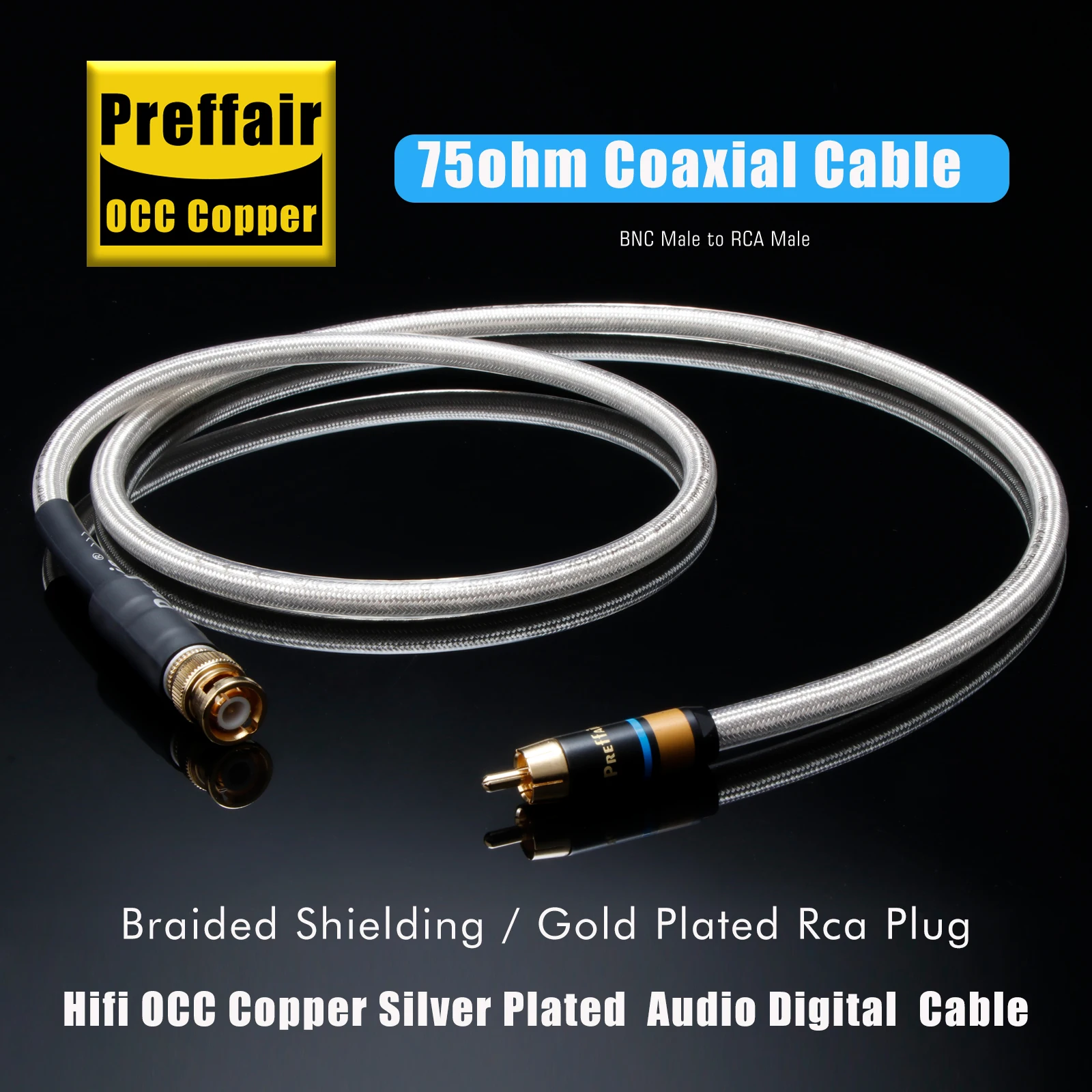 Preffair X414 BNC to RCA Plugs Audio Coaxial Cable Silver Plated 75 Ohm Digital Wires for AMP/DAC/Decorder