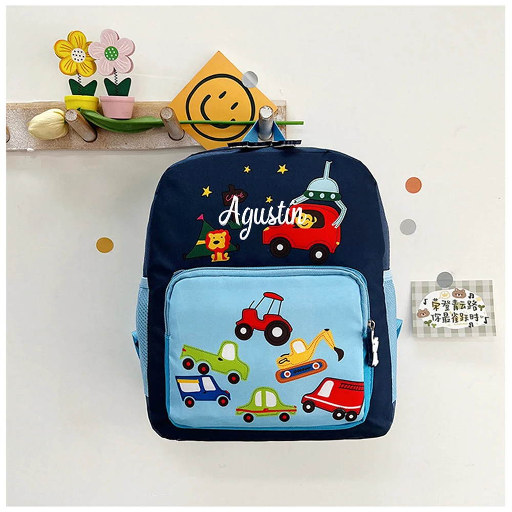 Cartoon Cars Kindergarten Backpacks Personalized Embroidered Name Children\'s Schoolbags Custom Name Baby Outgoing Snack Bags