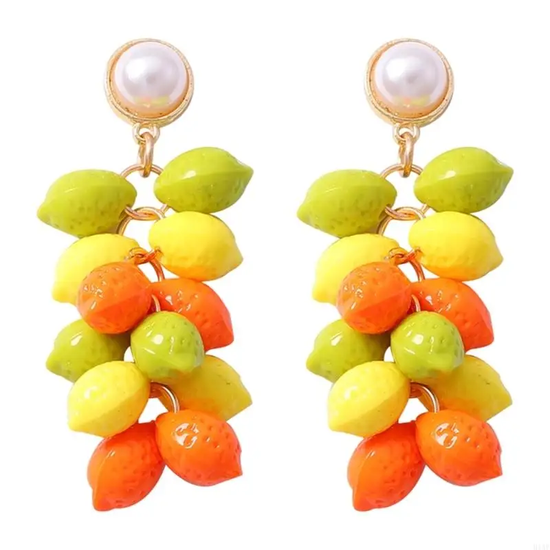 91AF Statement Drop Earrings with Round Bead Look Top, Colorful Lightweight Jewelry for Vacation Styling and Party Looks
