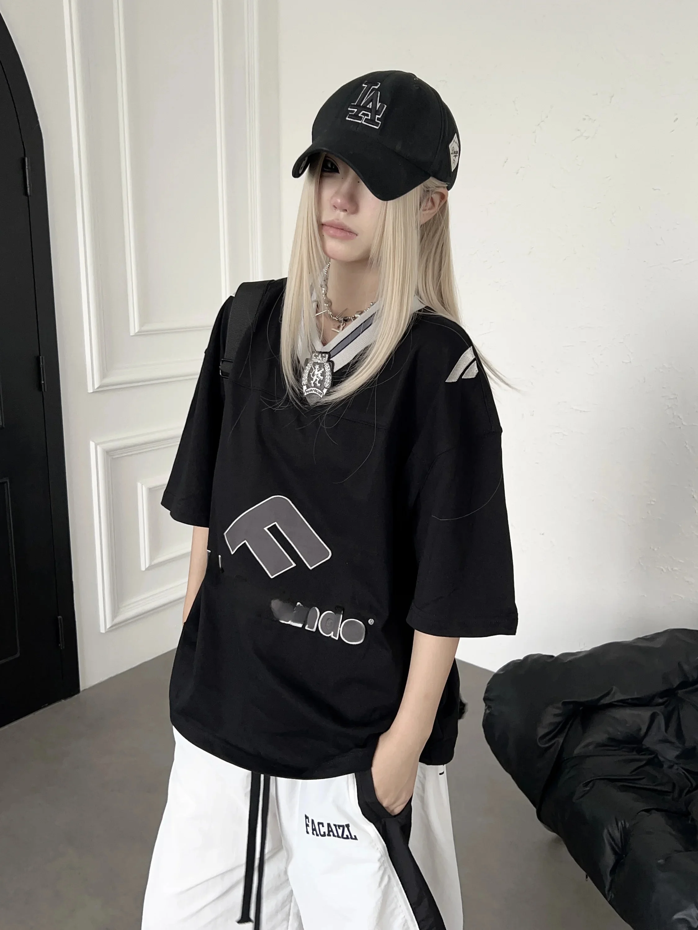 TR Brushshift American Street Badge Letter Embroidery Short Sleeve T-Shirt Loose V-neck Casual Baseball Jersey Summer