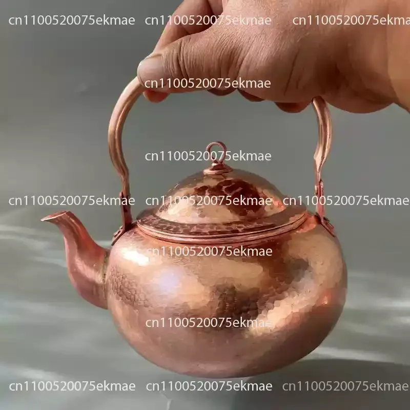Red Copper Teapot – Small Round Teapot – Traditional-Style Pure Copper Kettle with Handle, Handcrafted