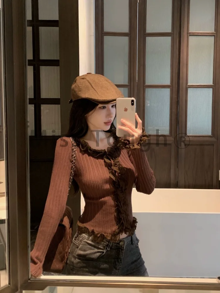 Autumn Lace Kawaii Knitted Pullover Sweater Women Slim Vintage Sweater Tops Female Casual Korean Fashion Designer Swerater 2023