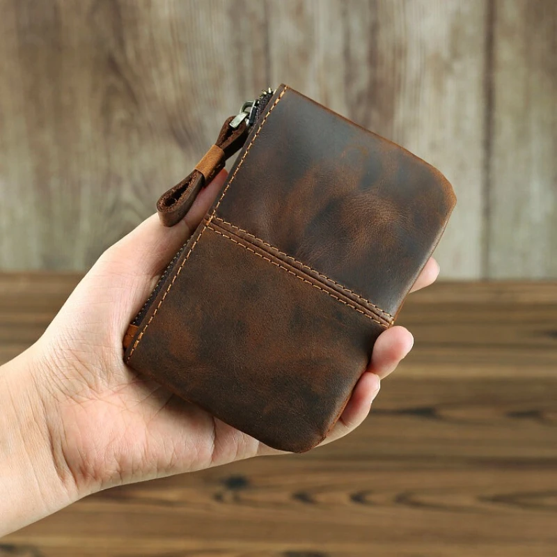 

Мужские кошельки из натуральной кожи в стиле ретро Crazy Horse, короткий кошелек, маленький кошелек, тонкая сумка для денег, карман для ключей на молнии, сумки для карт