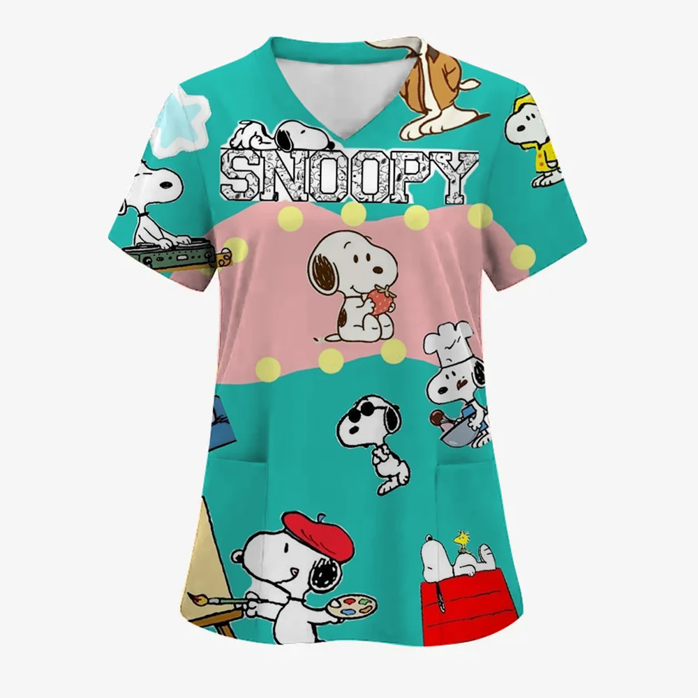 

Униформа для кормления, женская рабочая одежда, скрабы, топ с двумя карманами, снупи, принт, v-образный вырез, медицинские футболки с короткими рукавами, блузка