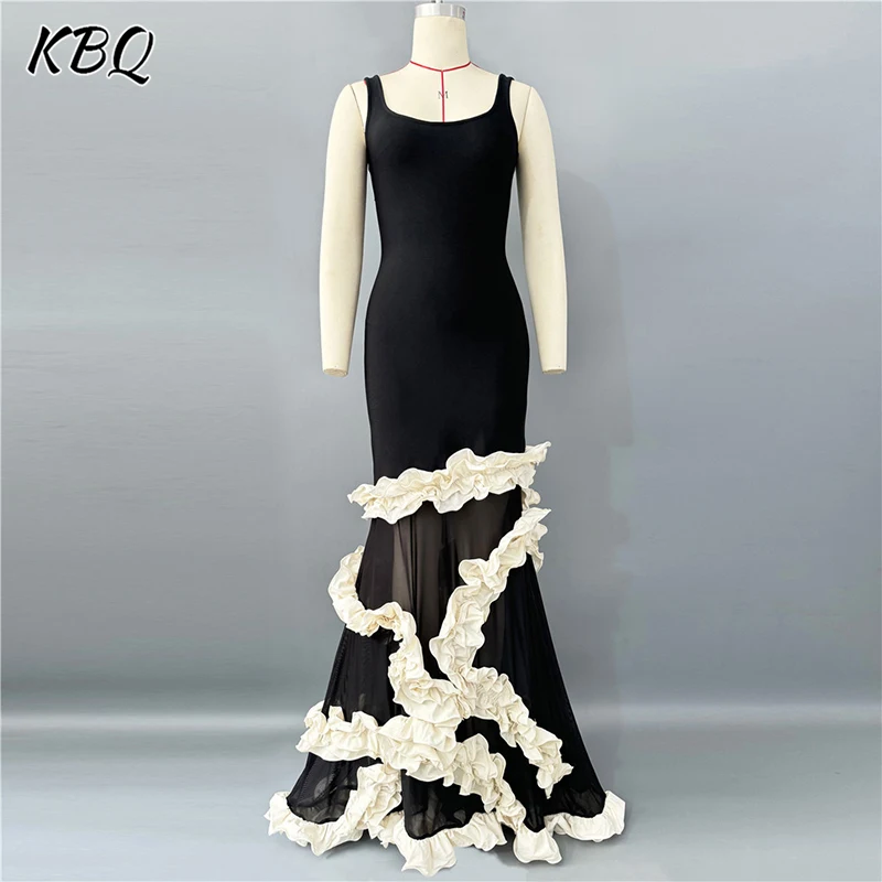 

KBQ Chic Patcwork Fungus Evening Dress for Women Square Collar Sleeveless High Waist Mesh Backless Length Dresses Female New