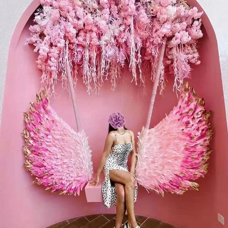 Large Feather Angel Wings Pink Background Decoration For Wedding Wall