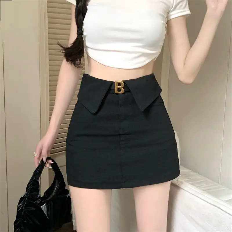 Hikigawa Chic Fashion Women Sexy High Waist Fliped Vintage Skirts 2024 Summer Y2k Slim Cool All Match A-Line Faldas Mujer