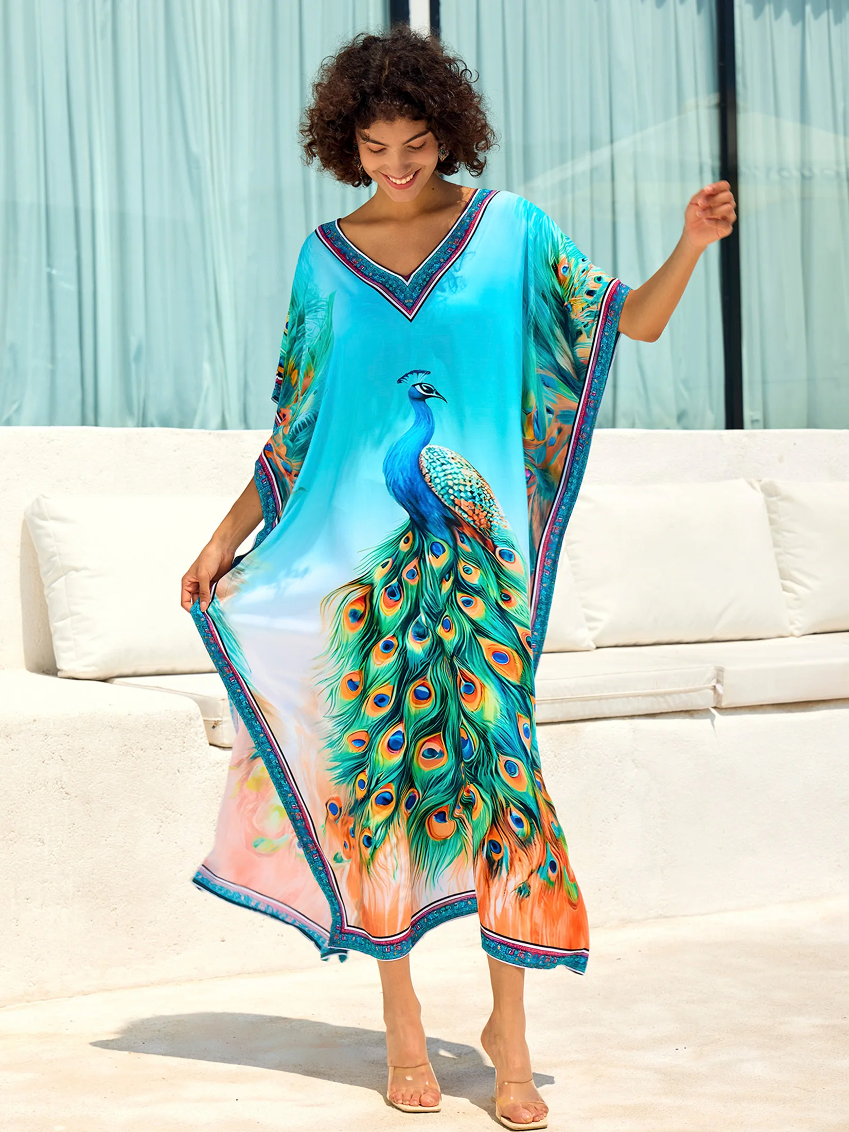 2024 frauen Drucken Böhmischen entspannt Kaftan Beachwear Pfau Outfit Badeanzug Cover Up Urlaub Boho Sommer Kleid Robe Q1674