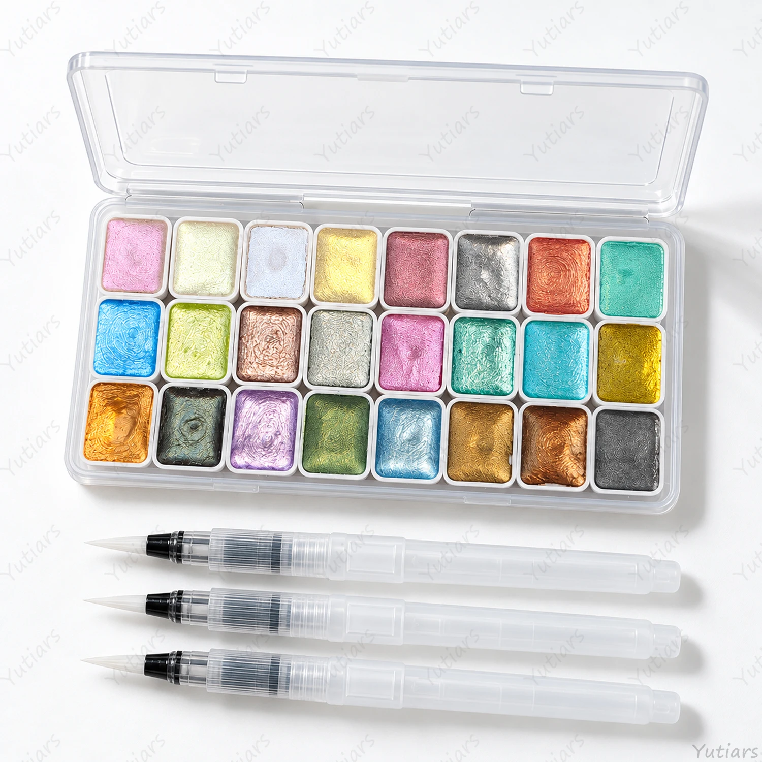 24 Color Pearlescent Watercolor Set with 3 Water Brushes Portable Metallic Shimmer Solid Paint Palette for Painting Art Supplies