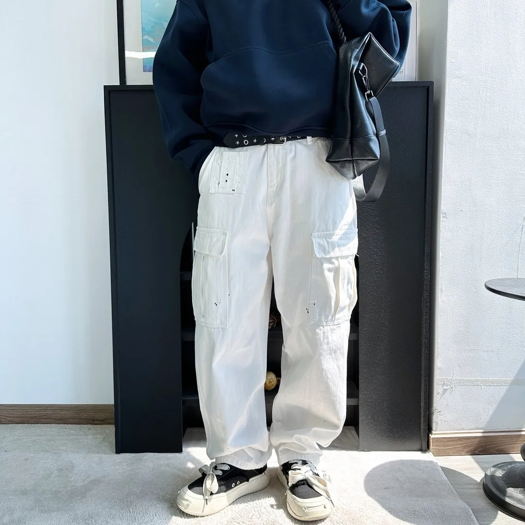 

Мужские повседневные джинсовые рабочие брюки с множеством карманов, всесезонные, универсальные, свободного кроя, из хлопка, молодежные, осенние, без стрейча