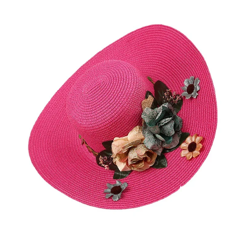 

2024 Design Flower Straw Woven Sun Hat Large Brim Floppy Summer Beach Cap Travel Foldable Straw Sombrero Hombre Chapeau Femme