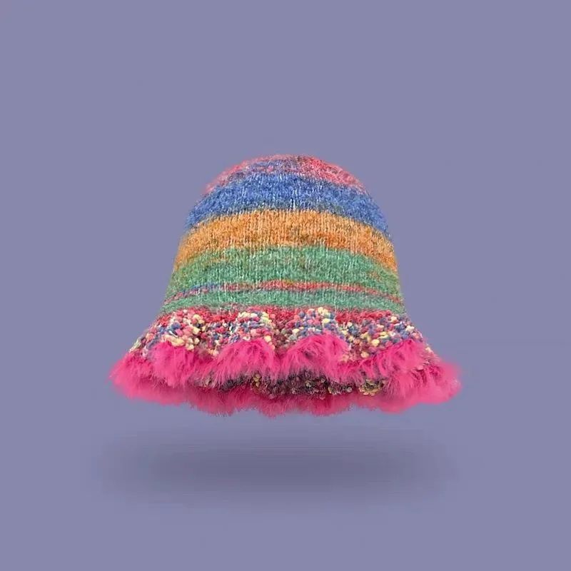 Rainbow Striped Knitted Furry Bucket Hats Women Autumn Winter Ruffles Warm Woolen Hat Fashion All Match Caps Apparel Accessories