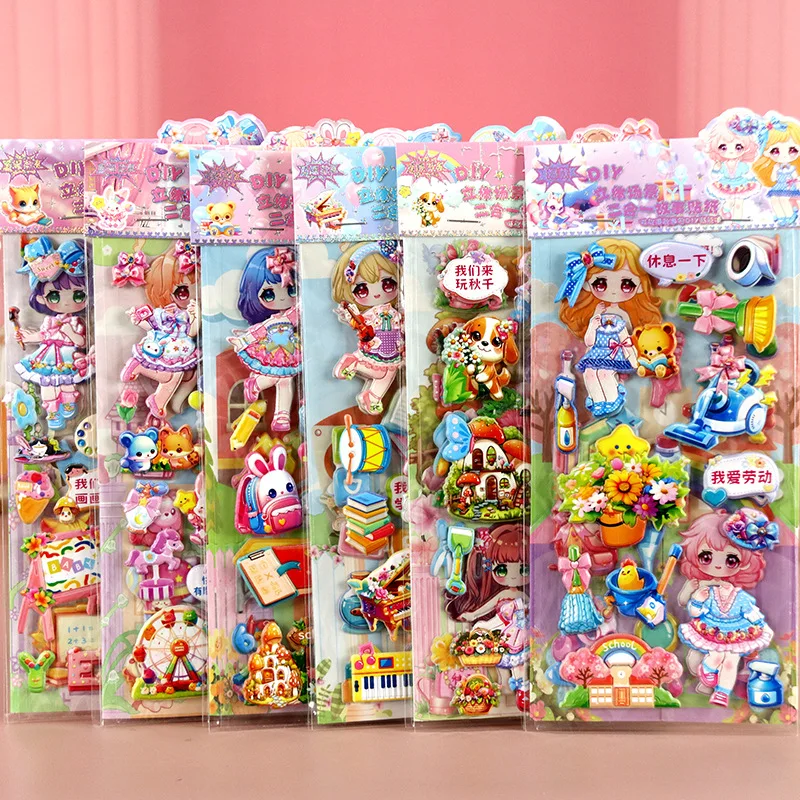 2PCS double-layer cartoon stickers - Cute girl costume changing story bubble stickers for DIY 3D scene collage paintings