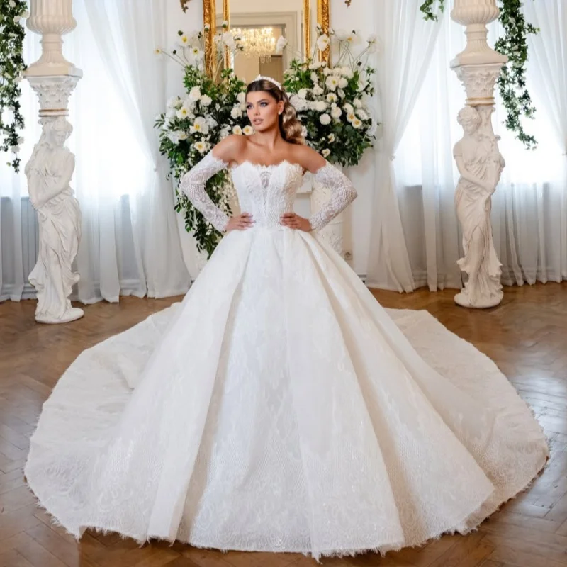 Simple Shiny White Wedding Dresses Glitter Decal Skirt Long Tail Ball Gown Skirt Layered Made Wedding Dress Bridal Gown Customiz