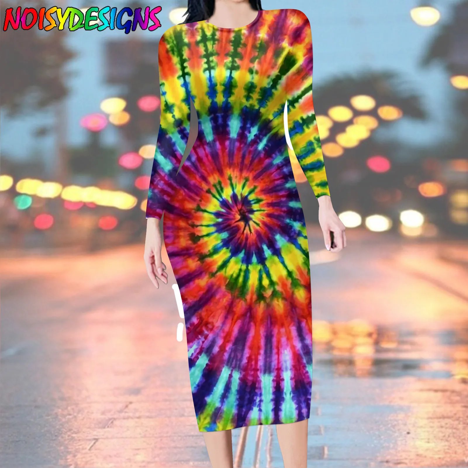 

NOISYDESIGNS Soft S-4XL Long Sleeve Long Dress 2024 Autumn Women Tie Dye Pattern Casual Slim Bodycon Dresses Customized