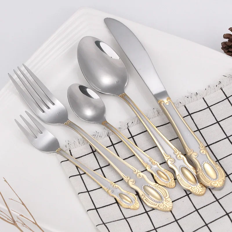 5 sets of 30 pieces court vintage carved Western food stainless steel knife and fork spoon