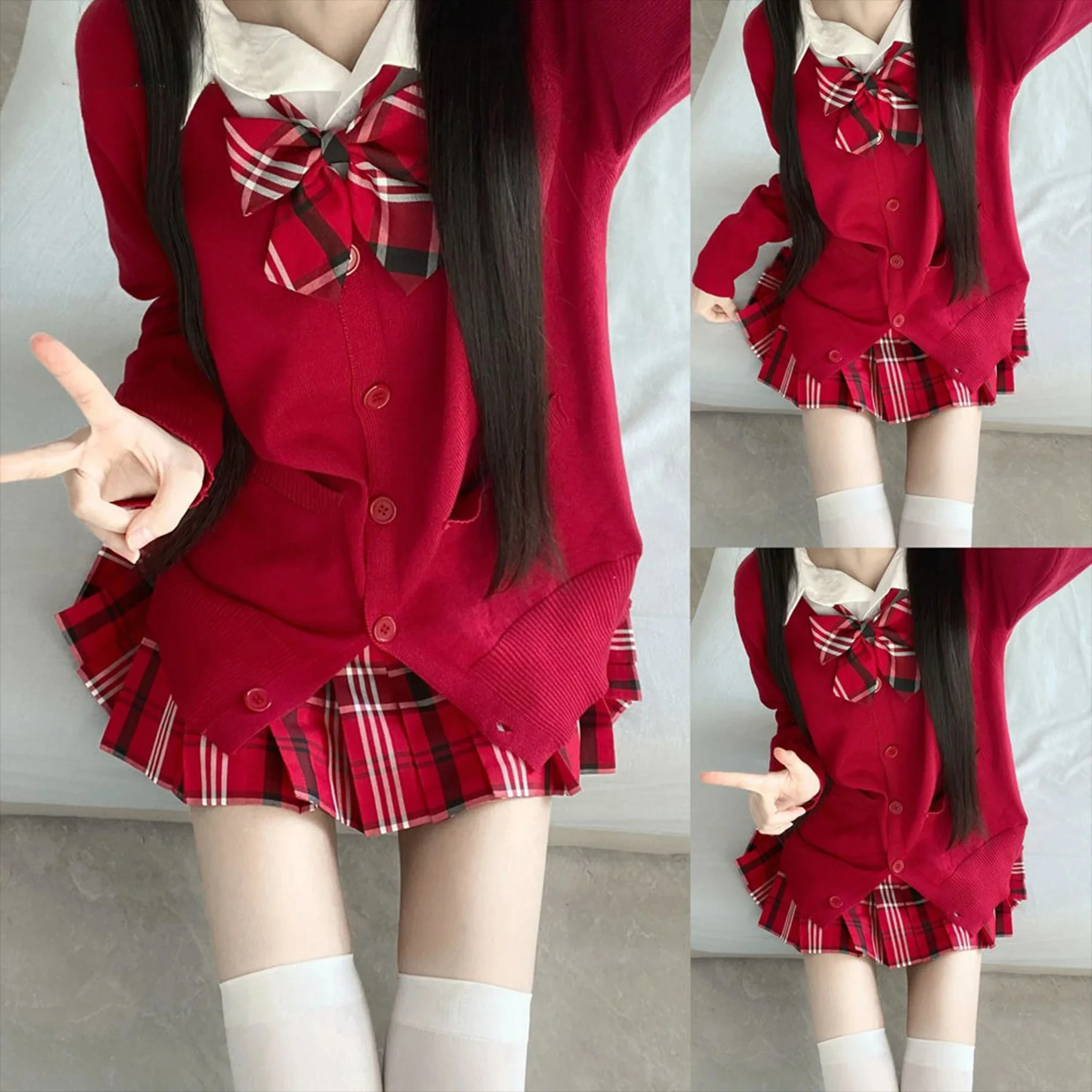 

Japanese Korean School Uniform 3 PC Set Multicolor Sweater and Plaid Pleated Skirt with Bow JK Uniform Set Graduation Clothing