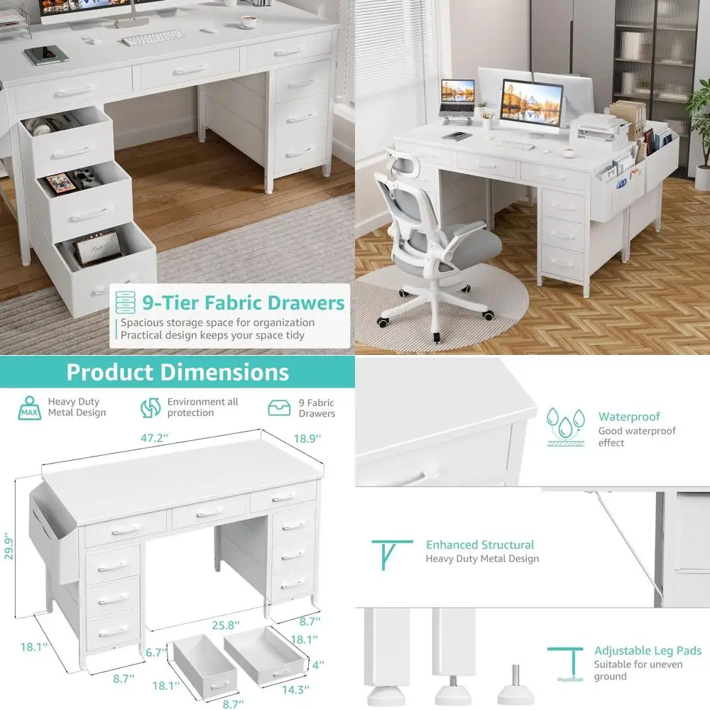 โต๊ะทำงานสีขาว 47 นิ้ว พร้อมลิ้นชัก 9 ช่อง จัดเก็บของได้เยอะ ลิ้นชักผ้า เหมาะสำหรับการเรียนและการเขียน