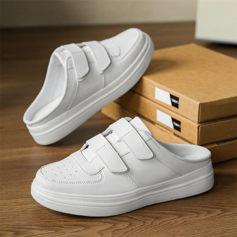 Leather Mules Men Closed-toe Sandals Casual Board Shoes Summer Slides Slip-On Flats Backless Loafers Slippers Half Shoes For Men