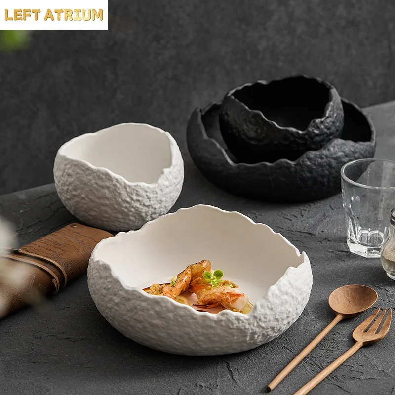 

White ceramic soup bowl, household Japanese shaped dessert bowl, irregular creative fruit salad bowl