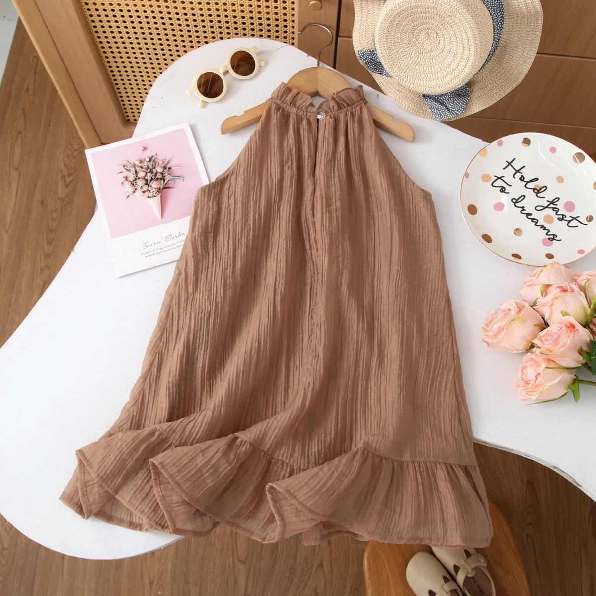 Girl Casual Dress New Fashion Sleeveless Hanging Neck Holiday Dress Children's Beach Dress  Girls Vestidos