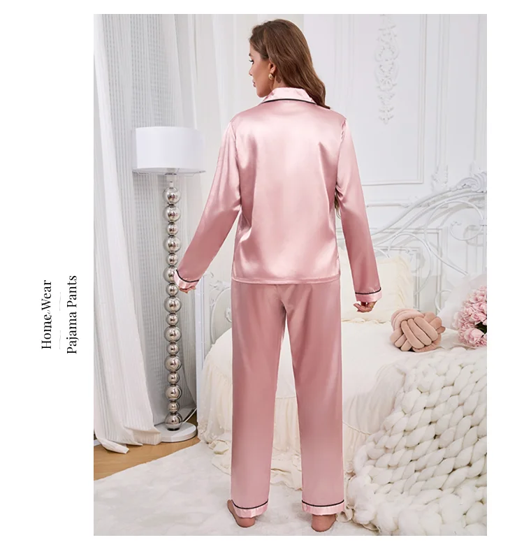 Damen-Pyjama-Set, Nachtwäsche, Anzug, Loungewear, Pyjama-Set, Satin, langärmelig, Oberteile mit Hosen, 2-teilig, Pyjama, Pyjama für Damen – Detail 8