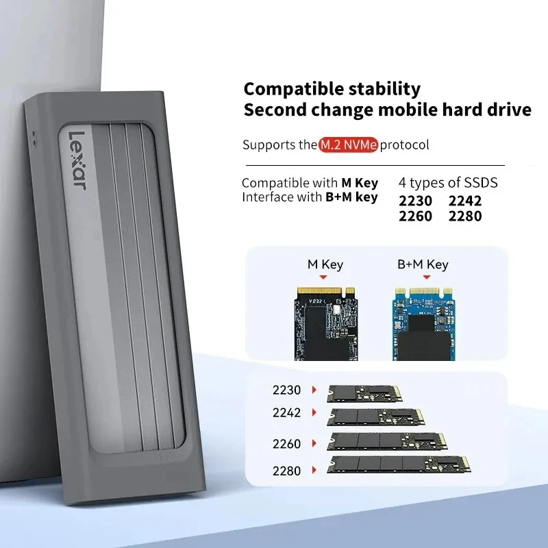 Lexar E300 M.2 SSD Caja SSD M.2 NVMe USB 3.2 Gen 2 Tipo C 10Gbps Caja de disco duro móvil para 2230 / 2242 / 2260 / 2280
