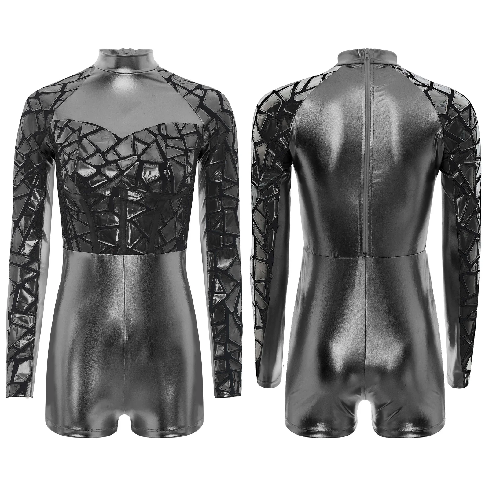 Mono de Cosplay de astronauta alienígena y galaxia para Halloween, moda femenina, manga larga, decoración de espejo metálico, mono de baile para fiesta y Club