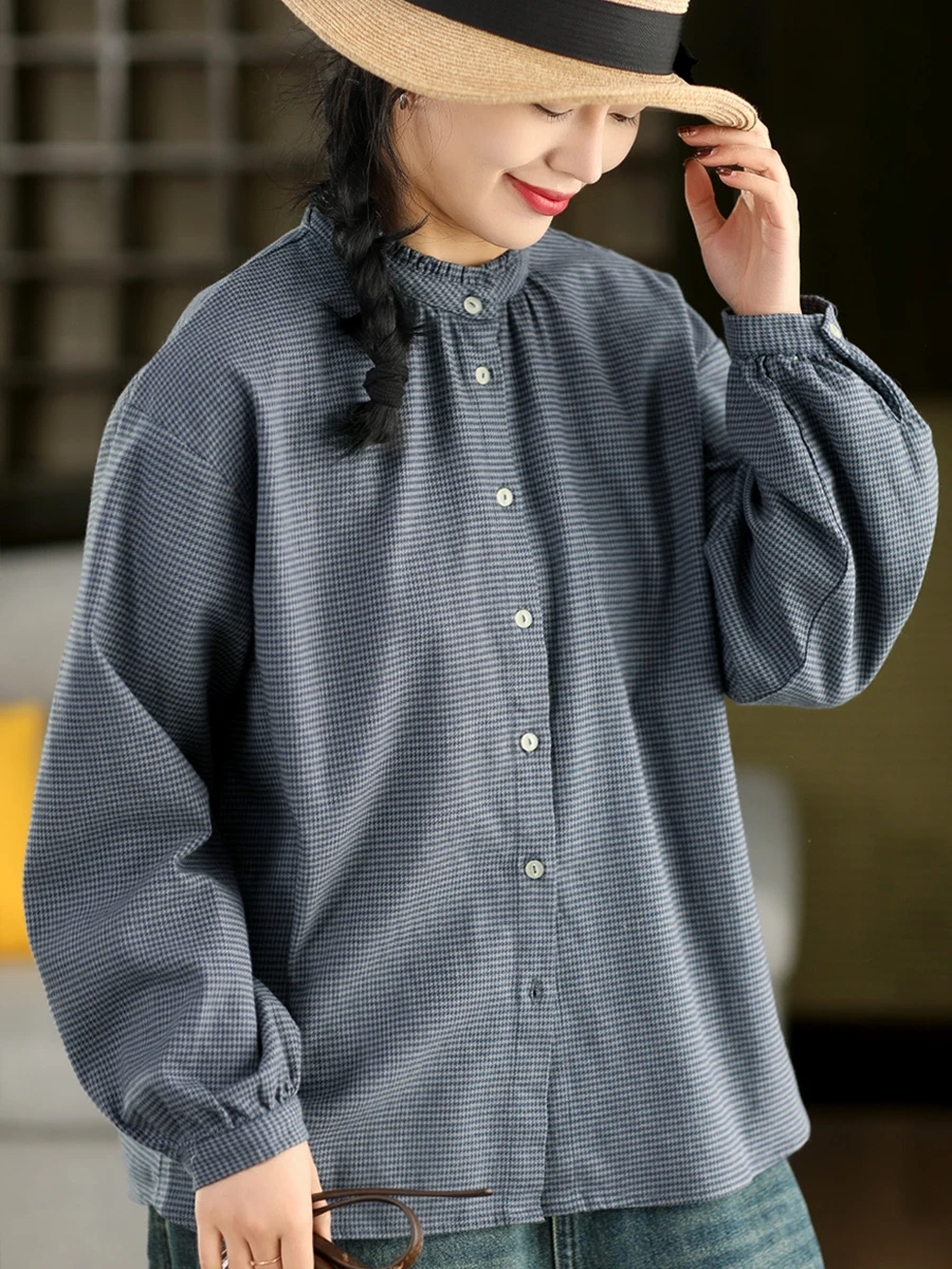 

Ретро-блузка из 100% хлопка в клетку, весенняя коллекция, с воротником-стойкой, длинный рукав, женская, удобная, дышащая, свободного кроя