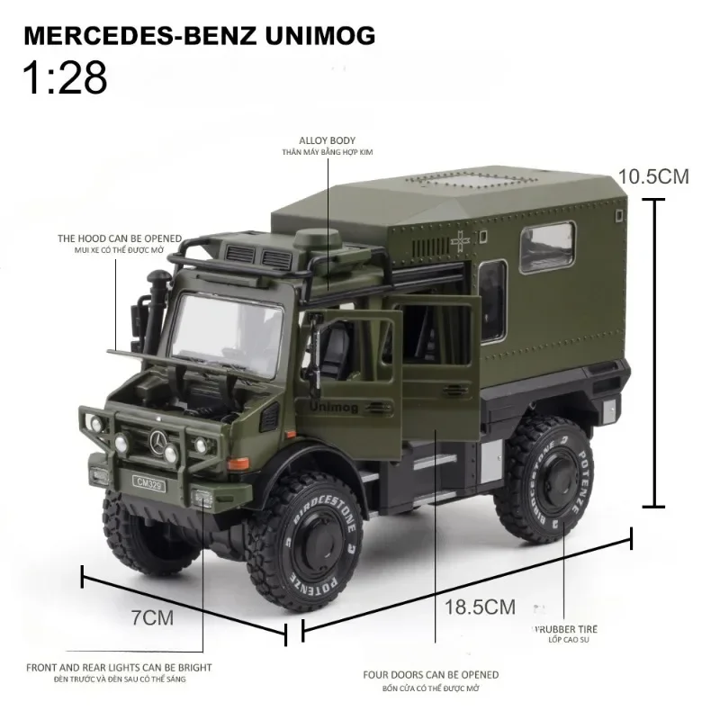 Diecast 1:28 scala Benz Unimog RV modello di auto fuoristrada veicoli giocattoli bambini ragazzi regalo suono e luce Voiture in miniatura