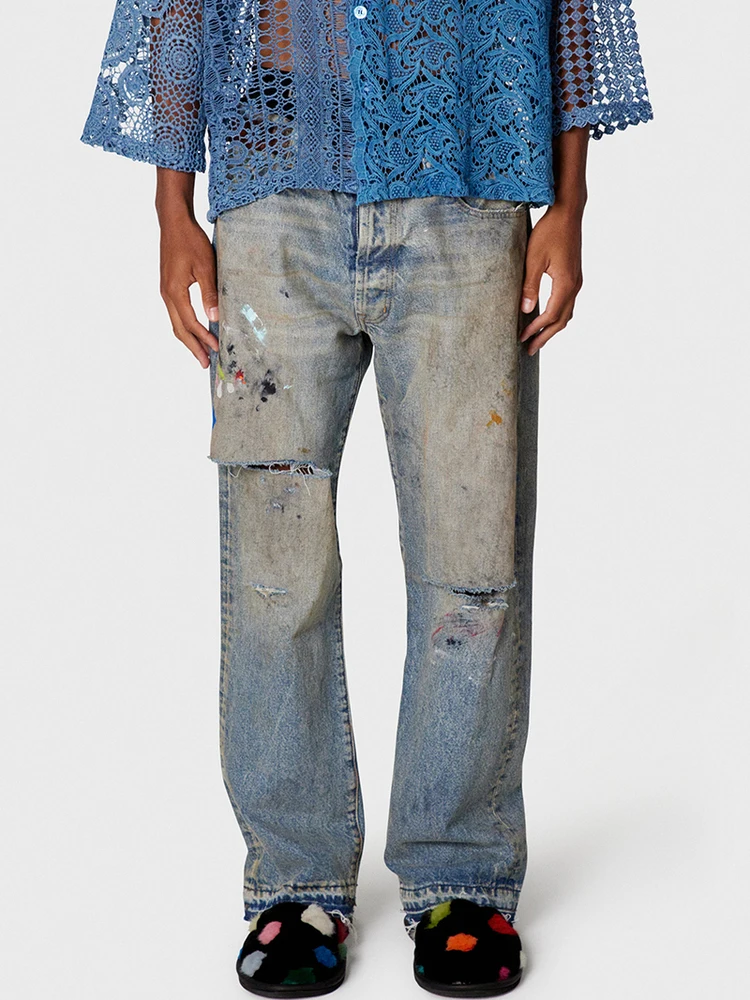 

Retro Faded Street Sle American High Waist Denim Jeans Dyeing And Painting Cotton Loose Fit Straight Leg Jeans