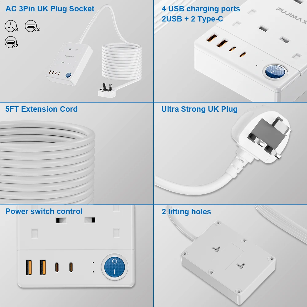 PUJIMAX  Flat Plug Power Strip With 4  Outlets +2 USB-A +2 USB-C 8 In 1 Electric Socket With 1.5 Ultra Thin Extension Cord