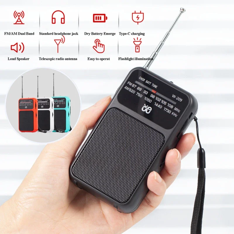 Mini Portable FM AM Radio Dual Band DSP Radios Receiver Built-in Speaker with Flashlight Support Lithium Battery&2*AAA Battery