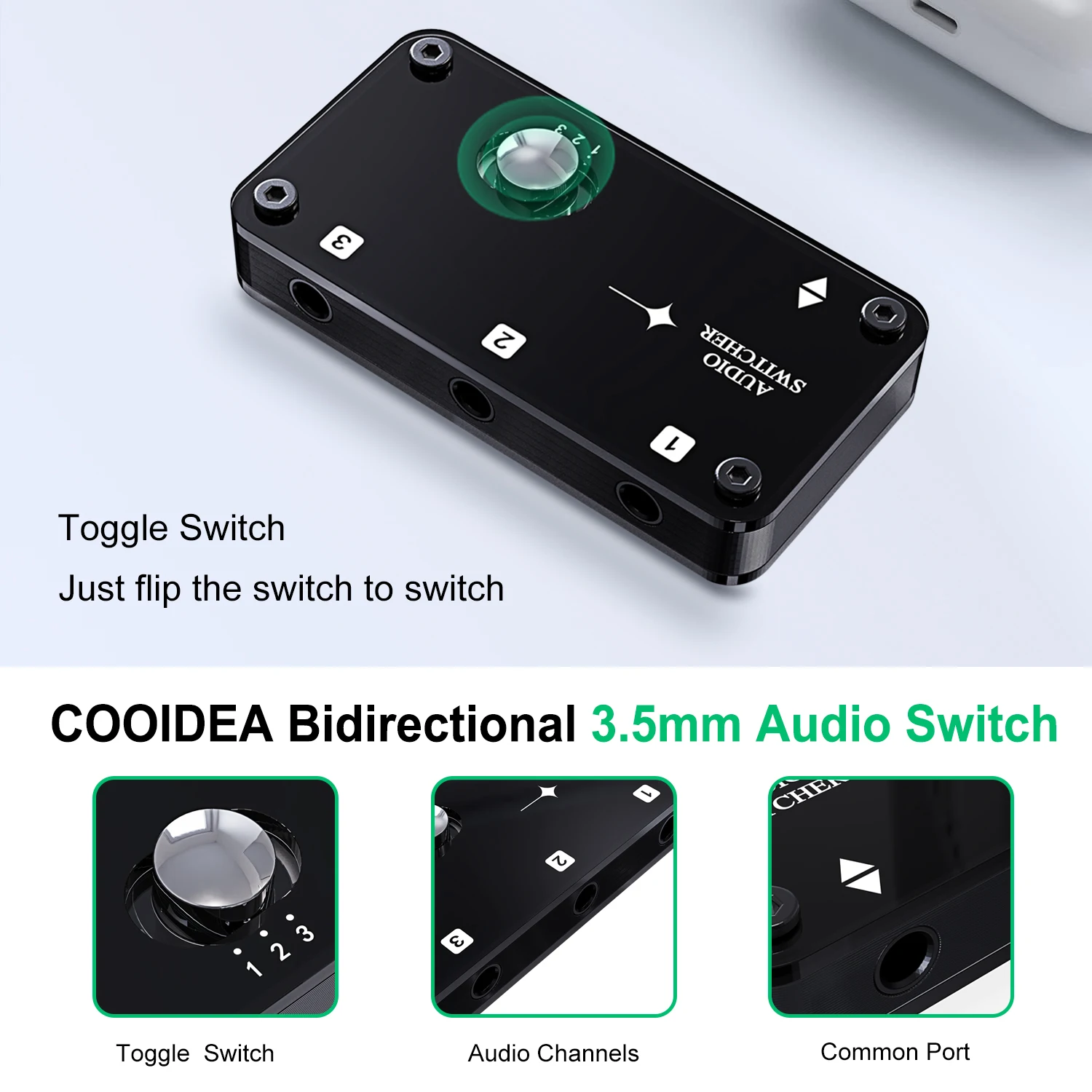 COOIDEA 3.5mm Stereo Audio Switcher Support 1 In 3 Out or 3 In 1 Out with 3.5mm Audio Cable