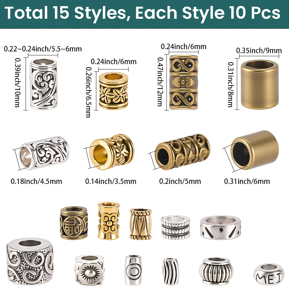 1 Box 150Pcs 15 Styles Column Spacer Beads Metal Tube Beads Assorted Silver Gold Bronze Barrel European Loose Spacers Bead