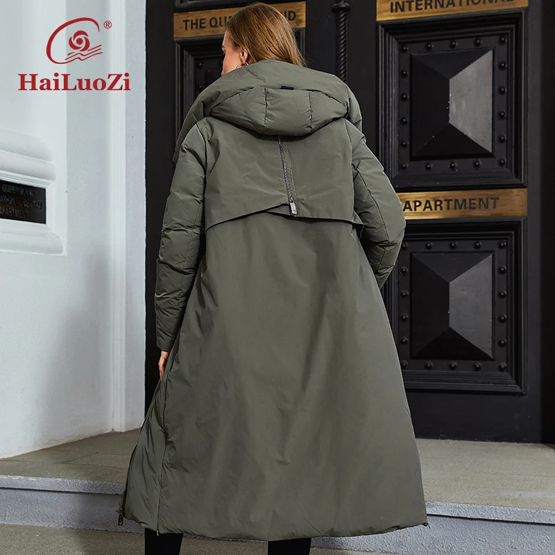 HaiLuoZi 2023 New Winter Down Jacket Hooded Zippers Design Long Female Parka Slant Planket Solid Color Warm Coats Women 3006