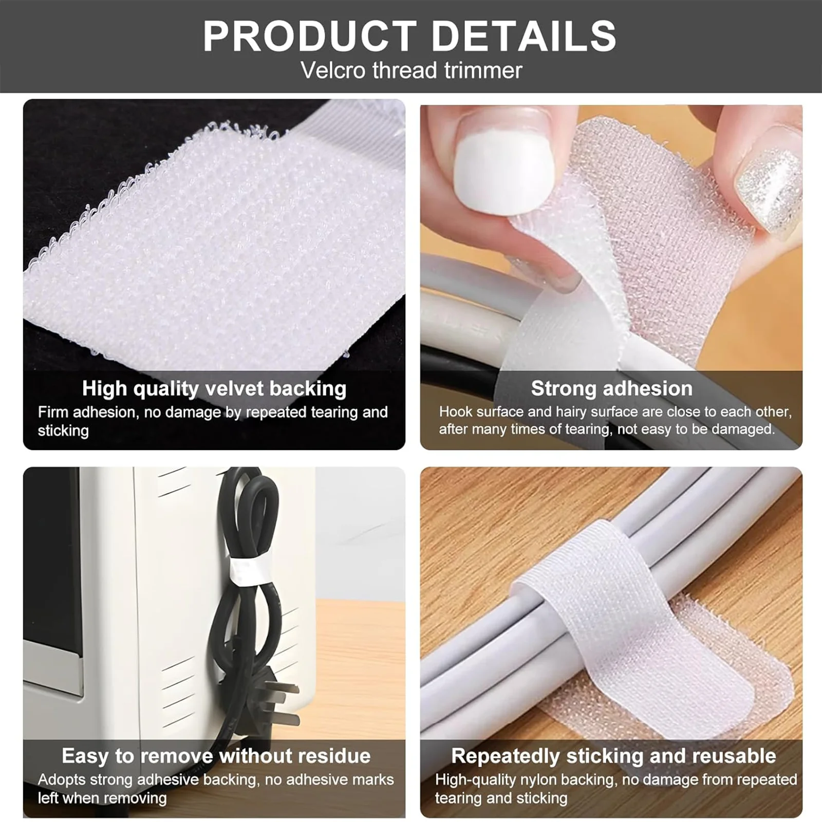 10Pcs Reusable Self-Adhesive Cable Ties Adjustable Hook Loop Wire Organizer Straps for Home Office Desk Cord Management