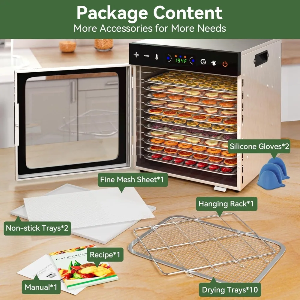เครื่องอบแห้งอาหารแบบถาด – ปรับอุณหภูมิได้ 600 วัตต์ (86 ℉ -194 ℉ ) และตัวตั้งเวลาแบบดิจิตอล ทำงานเงียบ เหมาะสำหรับเนื้อแห้ง ผลไม้ และผัก