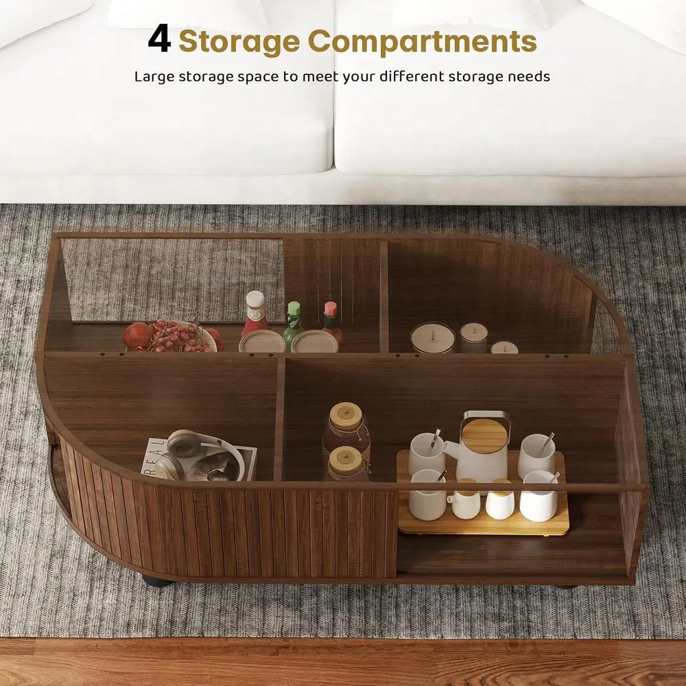 طاولة قهوة من أوراق منتصف القرن - مركز تخزين 39.4 مع باب منزلق، حجرة مخفية، لمسة نهائية من خشب الجوز