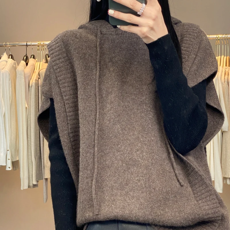 100% Pure Wool Vest Casual New Solid Color Knitted Women\'s Hooded Sleeveless Sweater Loose Pullover