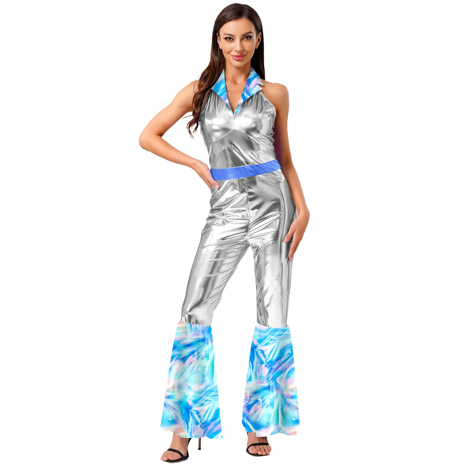 

Women 70s 80s Dance Disco Jumpsuit Halter Sleeveless Print Patchwork Metallic Flared Rompers for Halloween Rave Party Masquerade